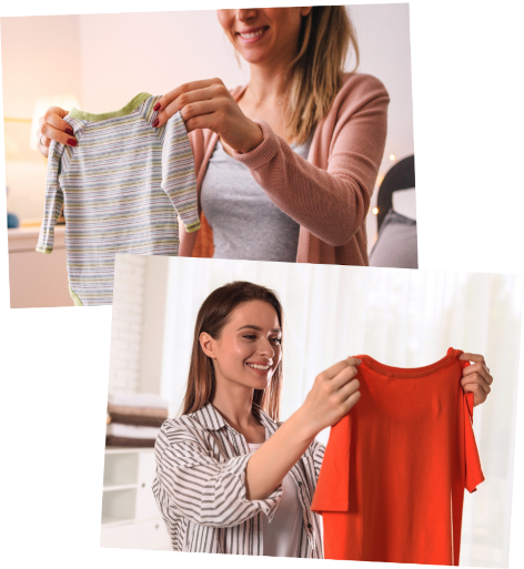 Photocollage of a woman doing a child's laundry at different stages of life.