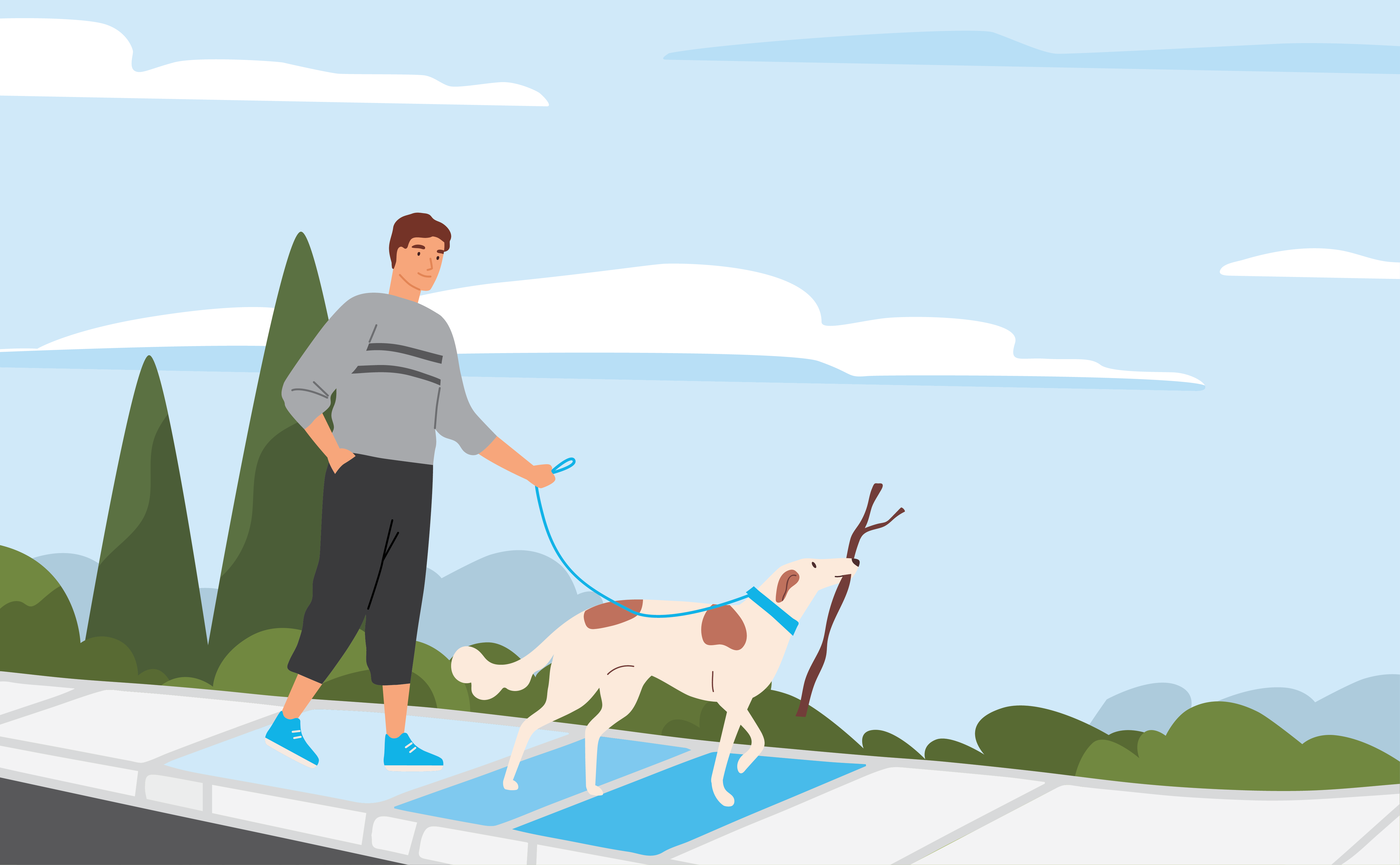 An illustration of a man walking a dog along a sidewalk, with a natural landscape in the background.