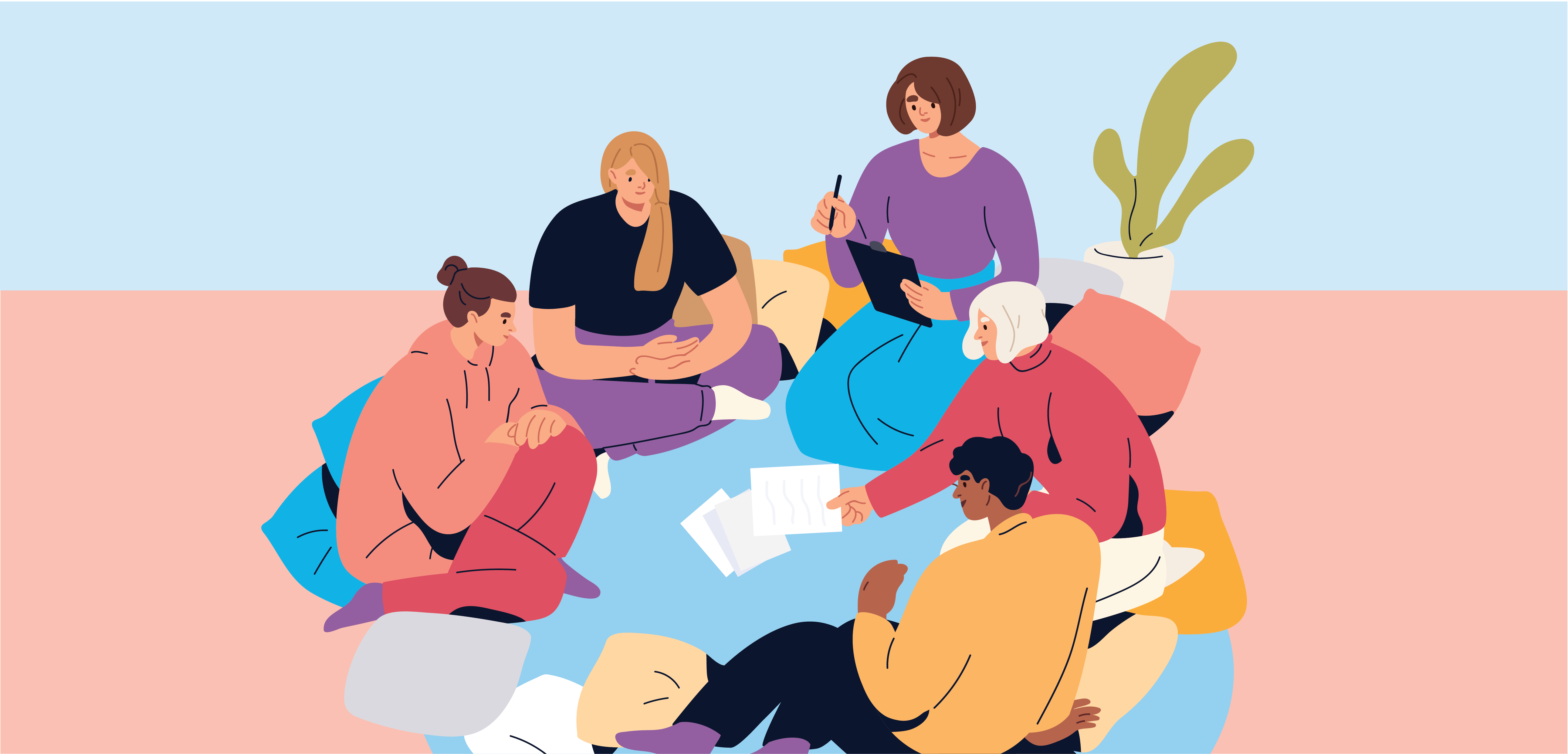 Illustration of a group of people sitting in a circle on the floor, sharing papers. One holds a clipboard and a writing implement.